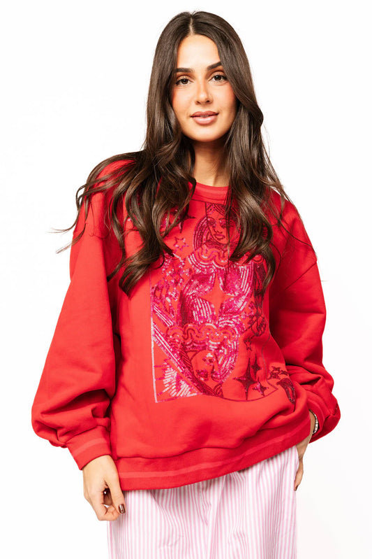 red and pink card crewneck