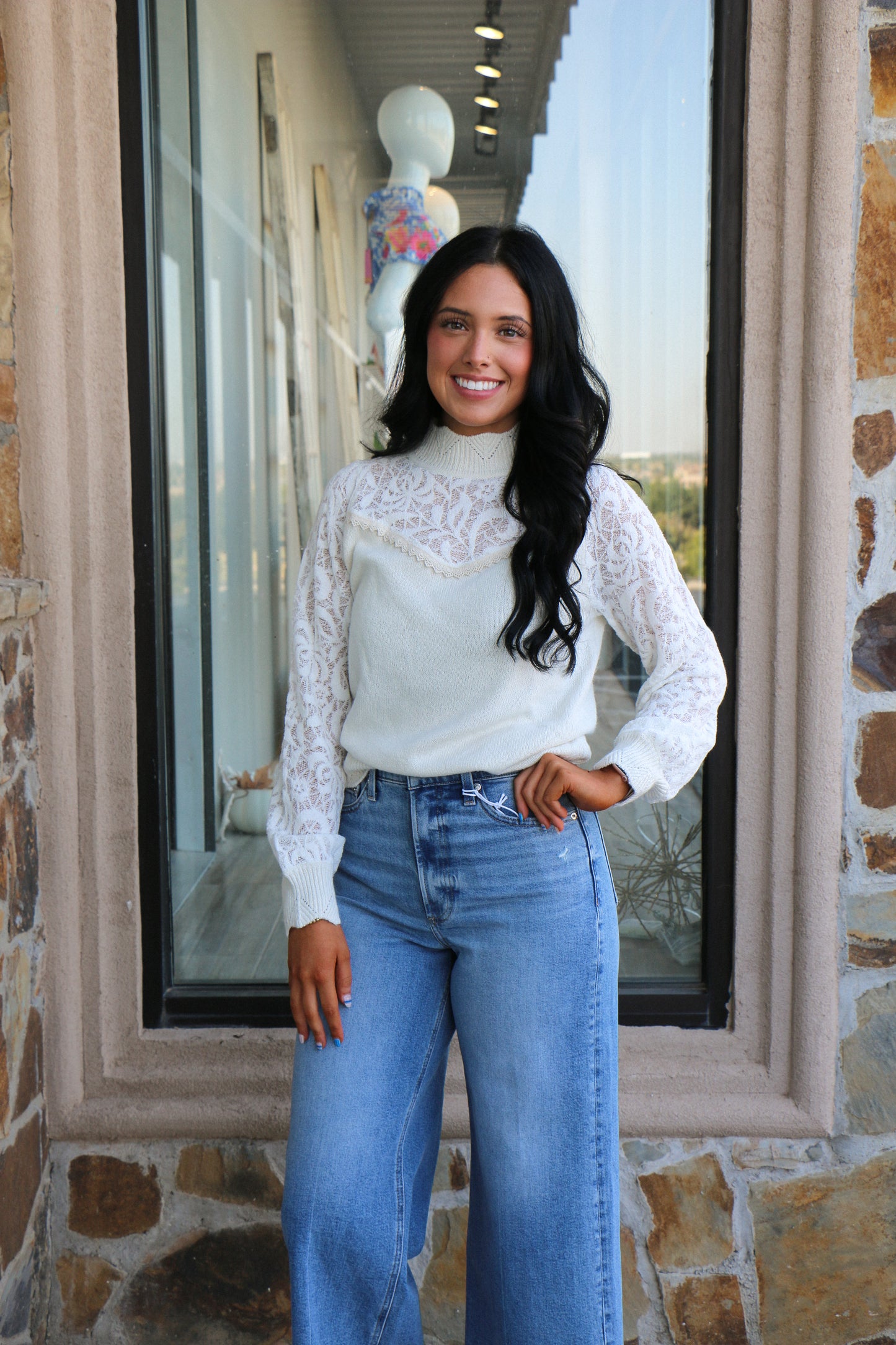 Long sleeve mixed material mock neck sweater