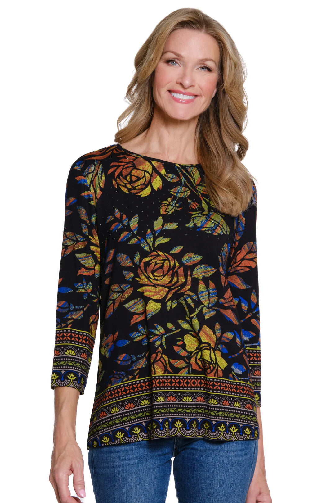 Black 3/4 sleeve top w/ green&brown floral print