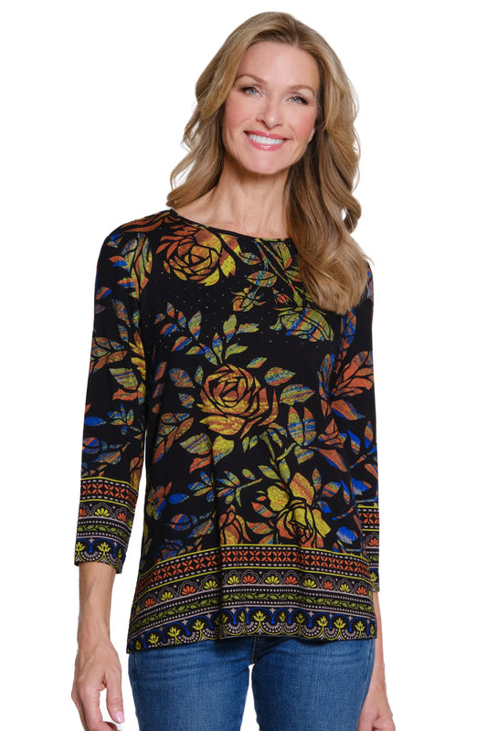 Black 3/4 sleeve top w/ green&brown floral print