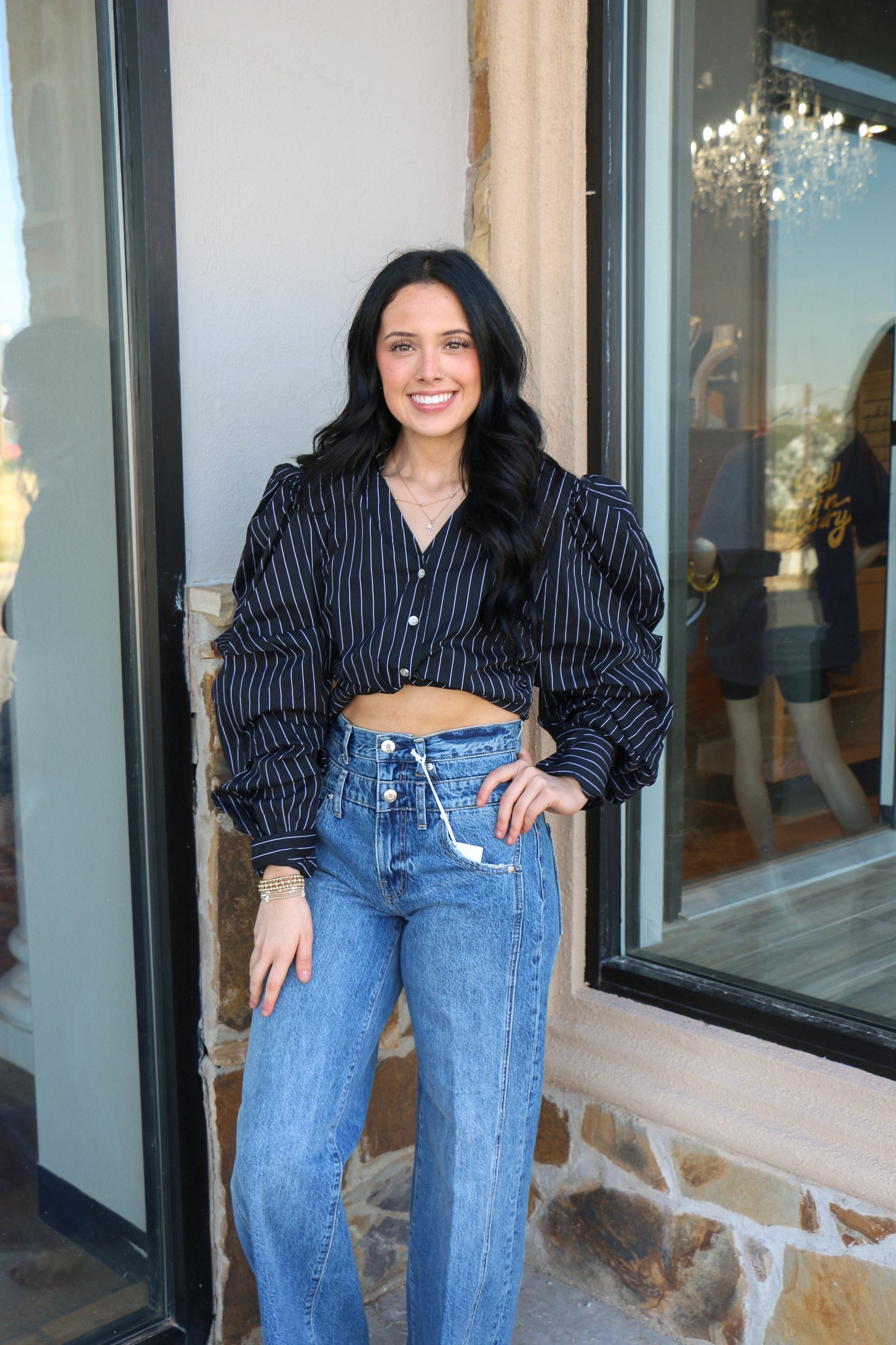 Black and white stipe button up blouse