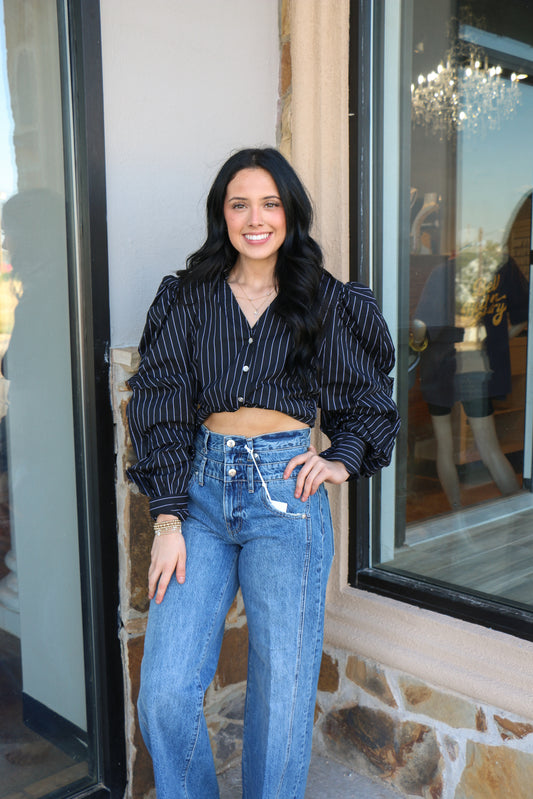 Black and white stipe button up blouse