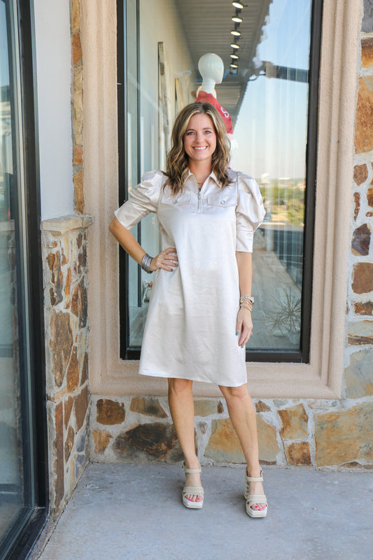 Half zip dress w/ puff sleeve