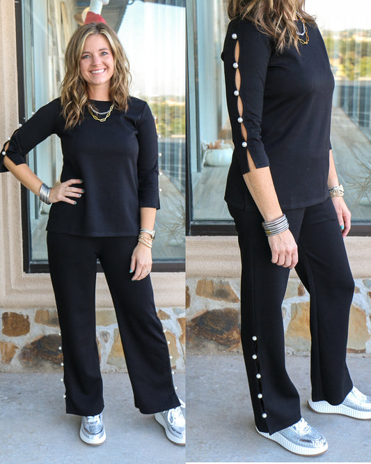 Black peekaboo pant w/ pearl detail