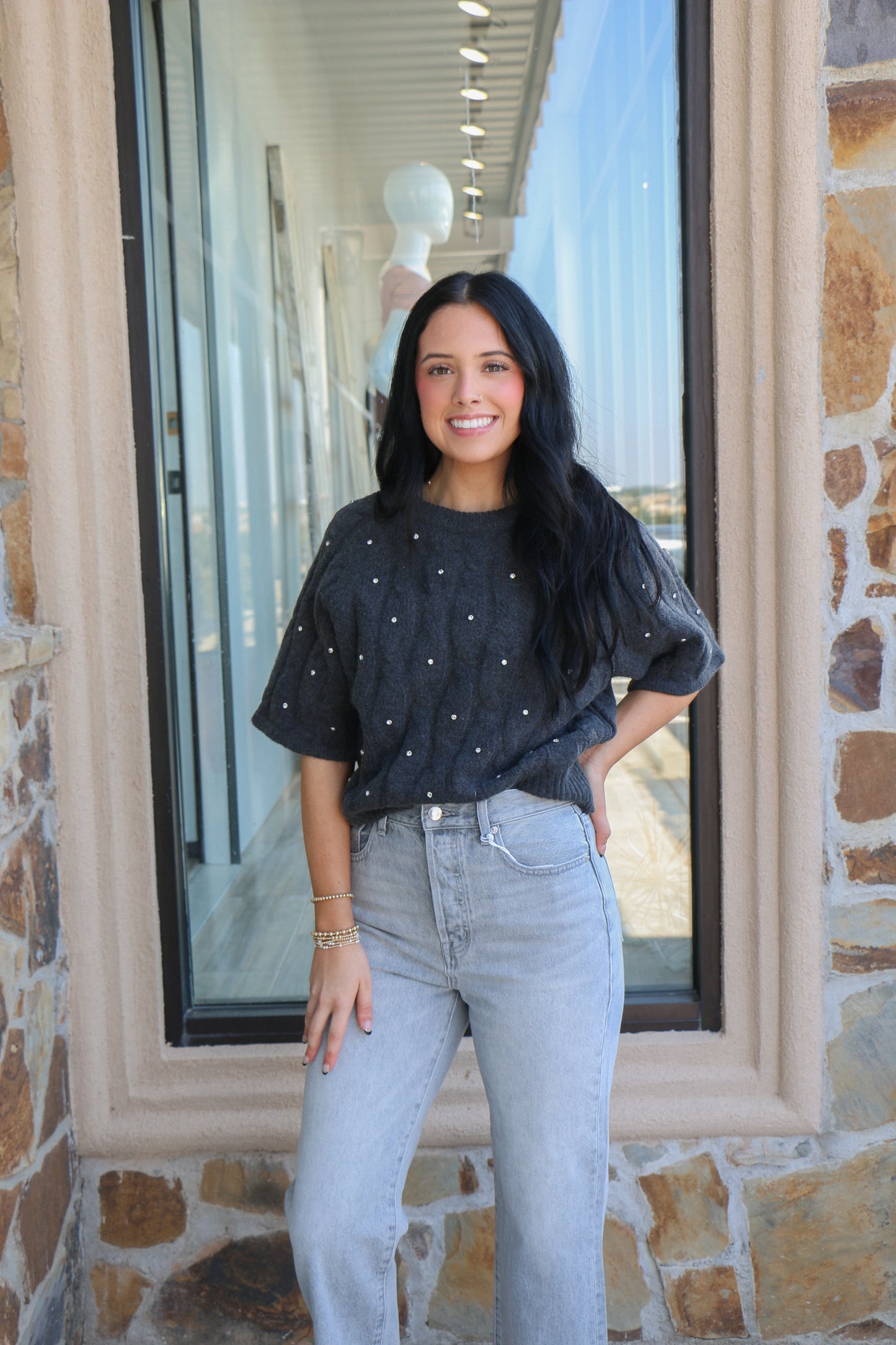 Charcoal grey sweater w/ crystal detaling