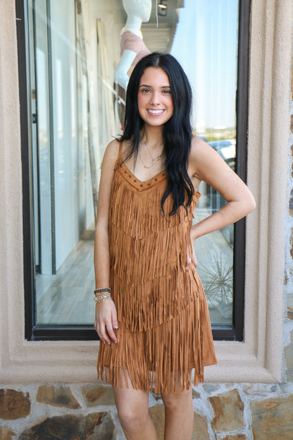 Faux Suede Fringe Shoulder Strap Stud Dress