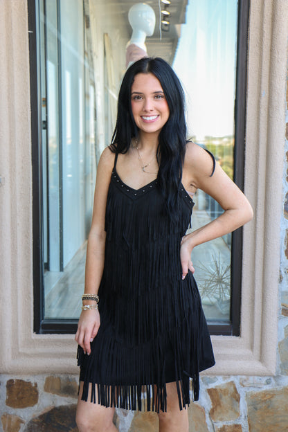 Faux Suede Fringe Shoulder Strap Stud Dress