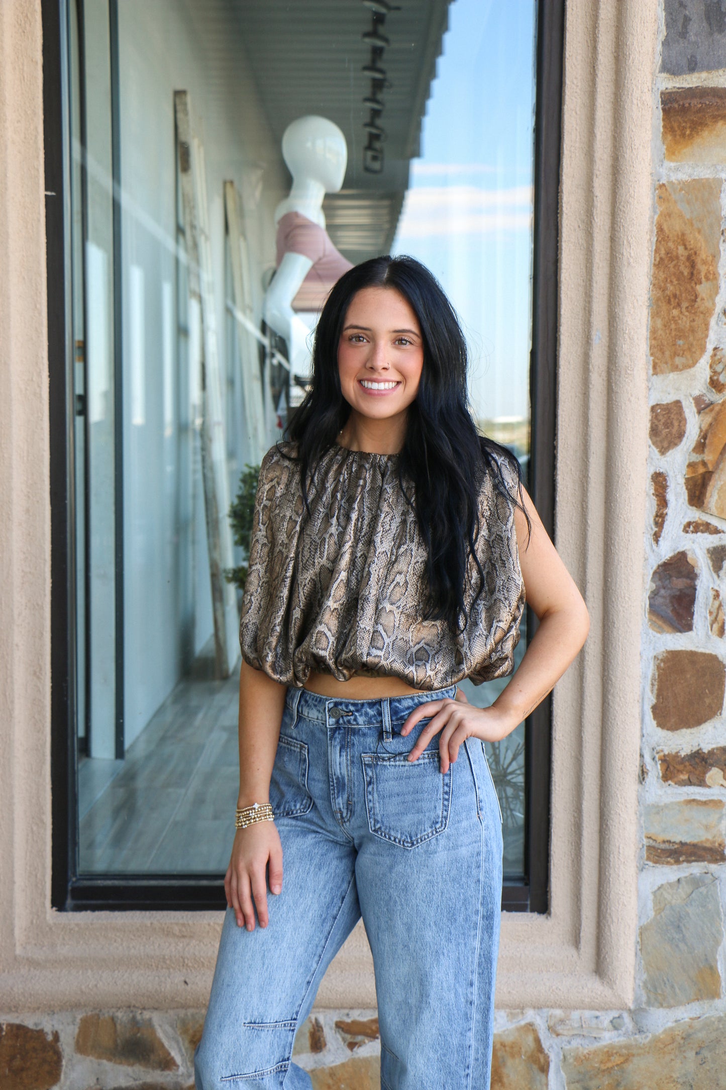 Sleeveless snakeskin print crop top