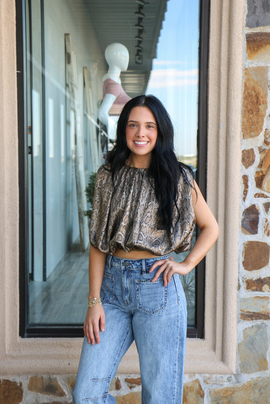 Sleeveless snakeskin print crop top