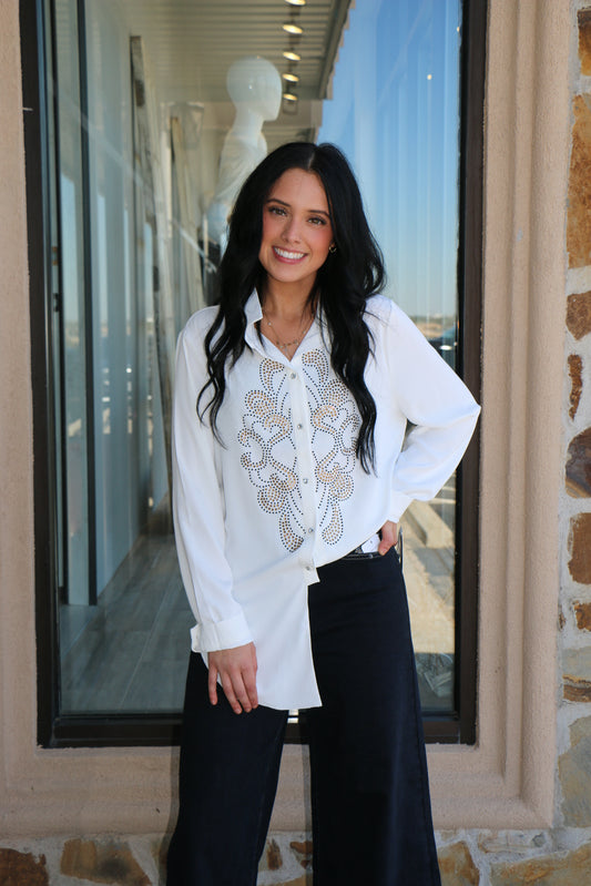 Kristina white button up blouse w/ jeweling