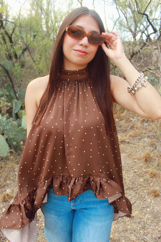Brown polka dot ruffle top