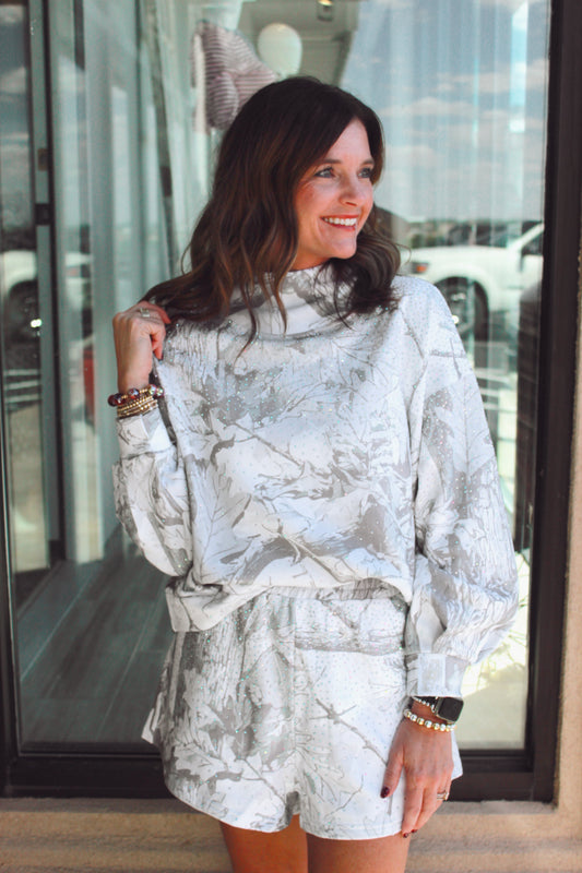 Grey Rhinestone Forest Camo Mockneck Sweatshirt