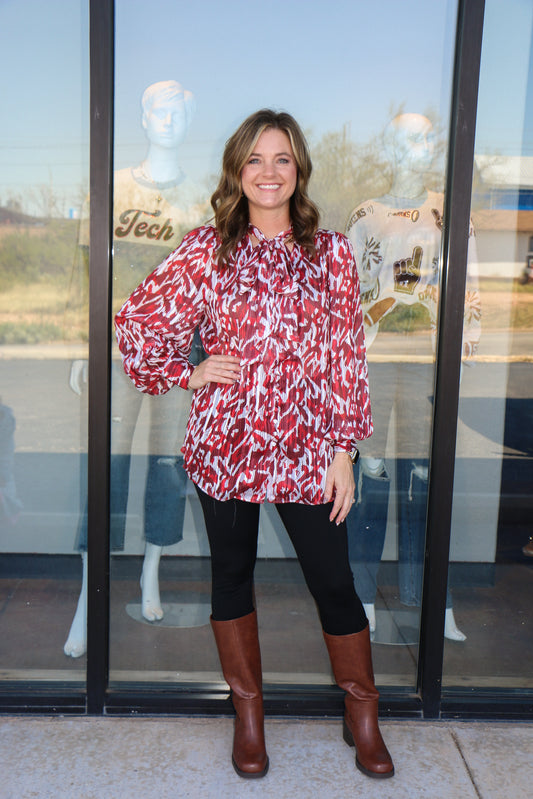 Red front tie blouse