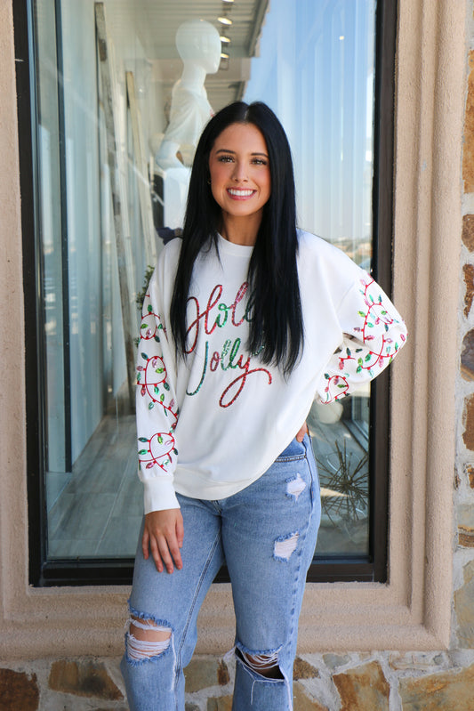 Holly jolly sweatshirt with christmas light details