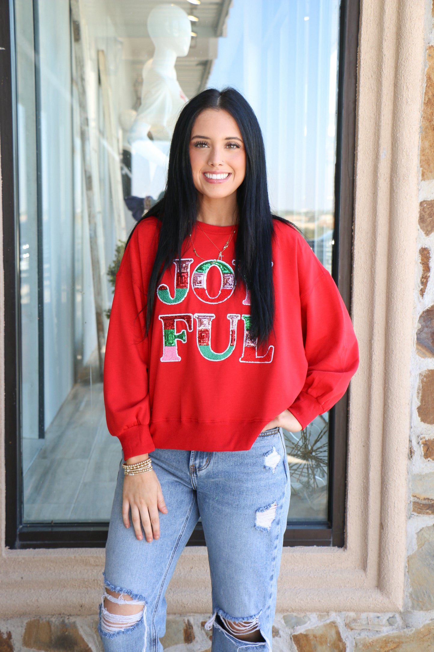 Red "JOYFUL" cropped sweatshirt
