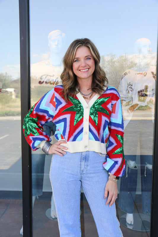 Cream, Red, Green, Blue & Purple Starburst Cardigan
