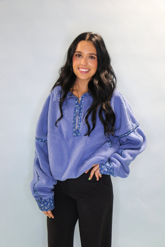 Blue floral printed detail sherpa jacket