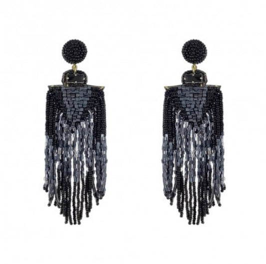 BLACK BEADED FRINGE EARRINGS