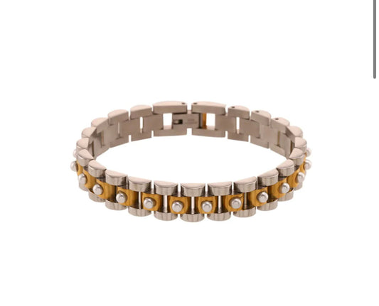 TWO TONED PEARL WRISTWATCH CHAIN BRACELET