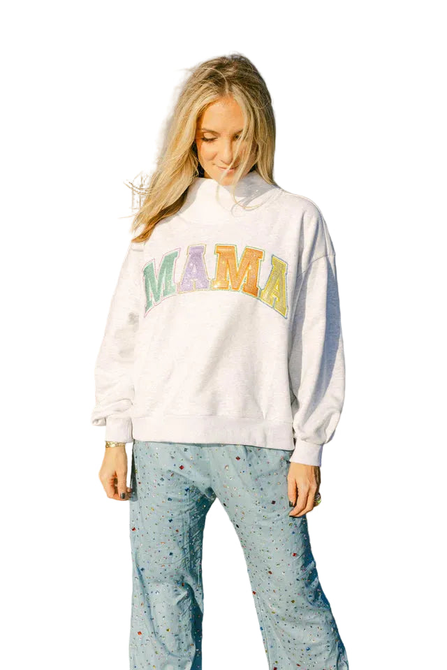 Grey Multi 'Mama' Mock Neck Sweatshirt