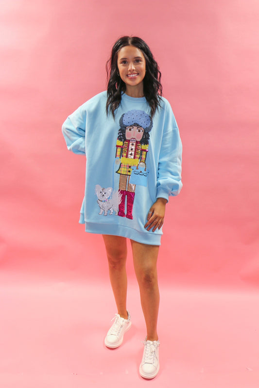 Bright Blue Brunette Haired lady Nutcracker Sweater Dress