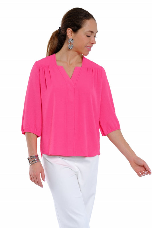SOLID TEXTURED 3/4 SLV BLOUSE W BOT PLEAT FRONT DETAILS, PINK #125