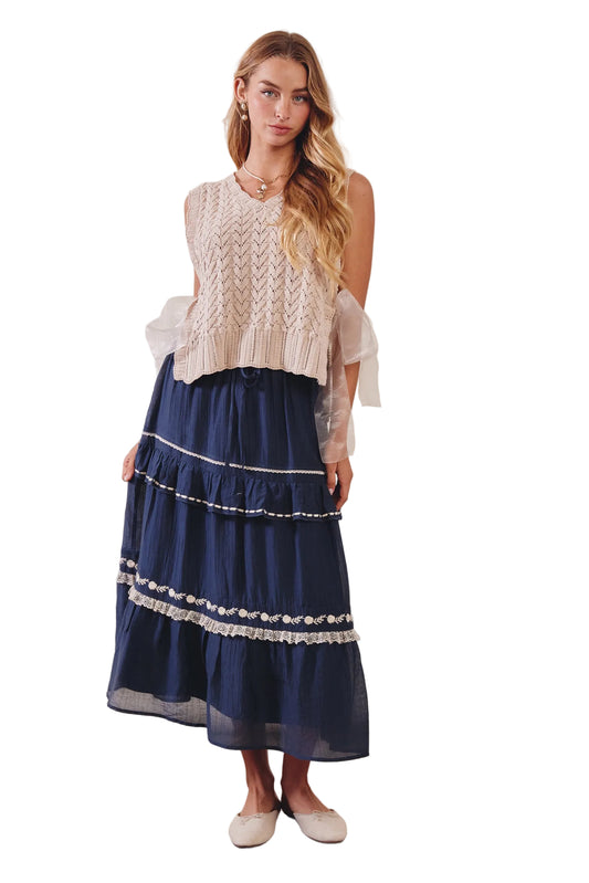 Pointelle Knit Ribbon-Tie Vest Top