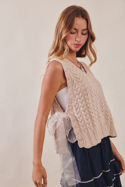 Pointelle Knit Ribbon-Tie Vest Top
