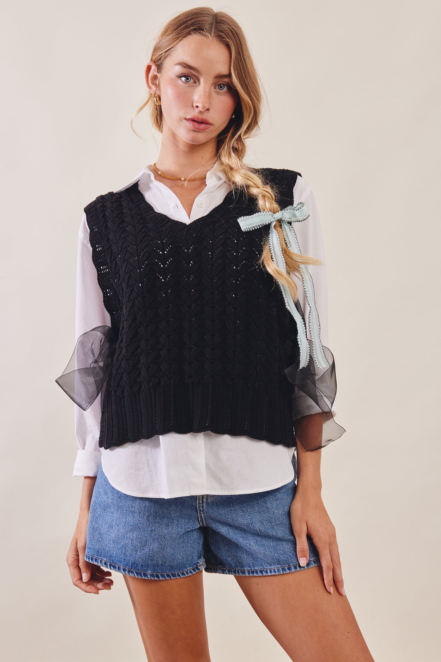 Pointelle Knit Ribbon-Tie Vest Top