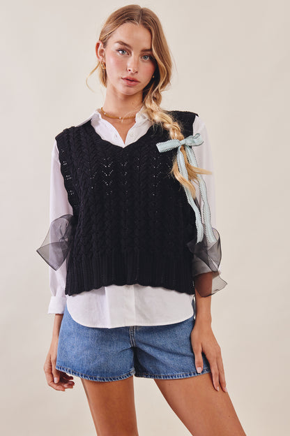 Pointelle Knit Ribbon-Tie Vest Top