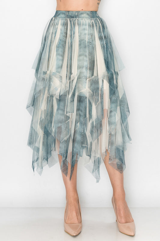 Mesh denim lined tiered skirt