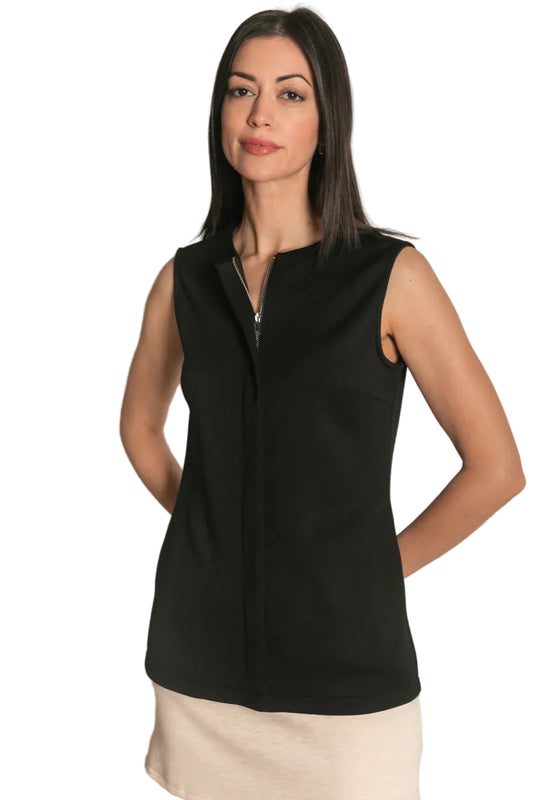 Black zipper front sleeveless top