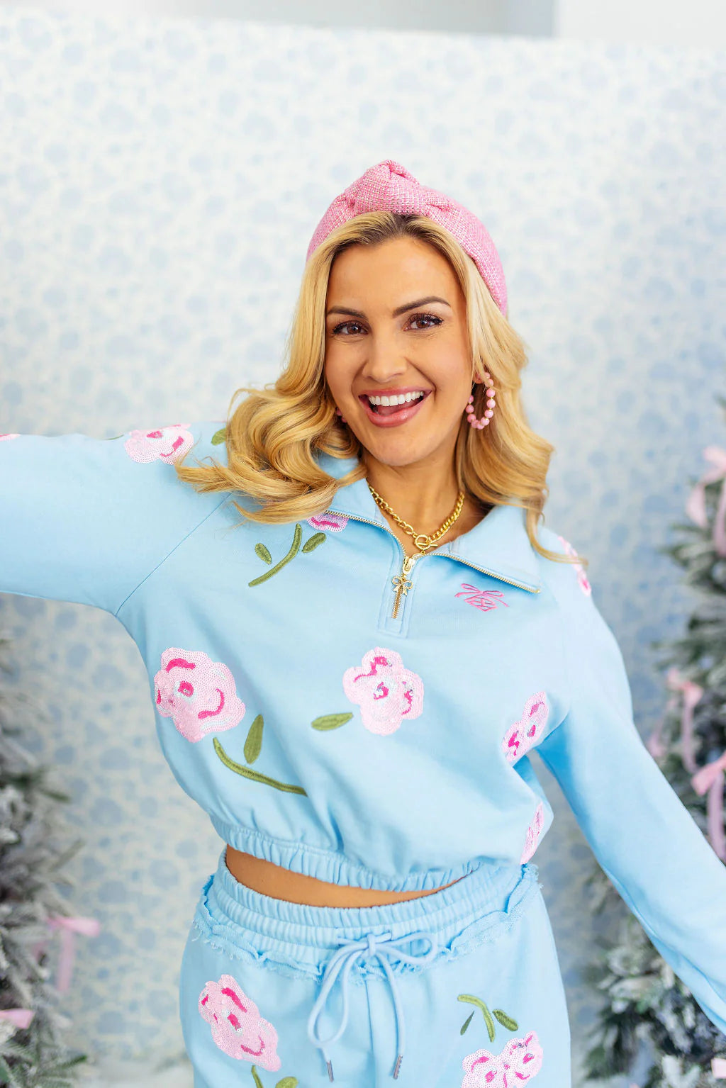 ICE BLUE FLORAL HALF-ZIP SWEATSHIRT