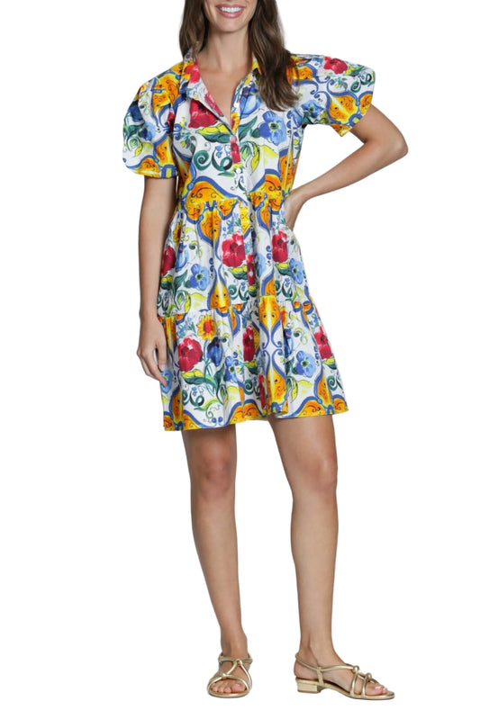 blue multi flounce shirt dress
