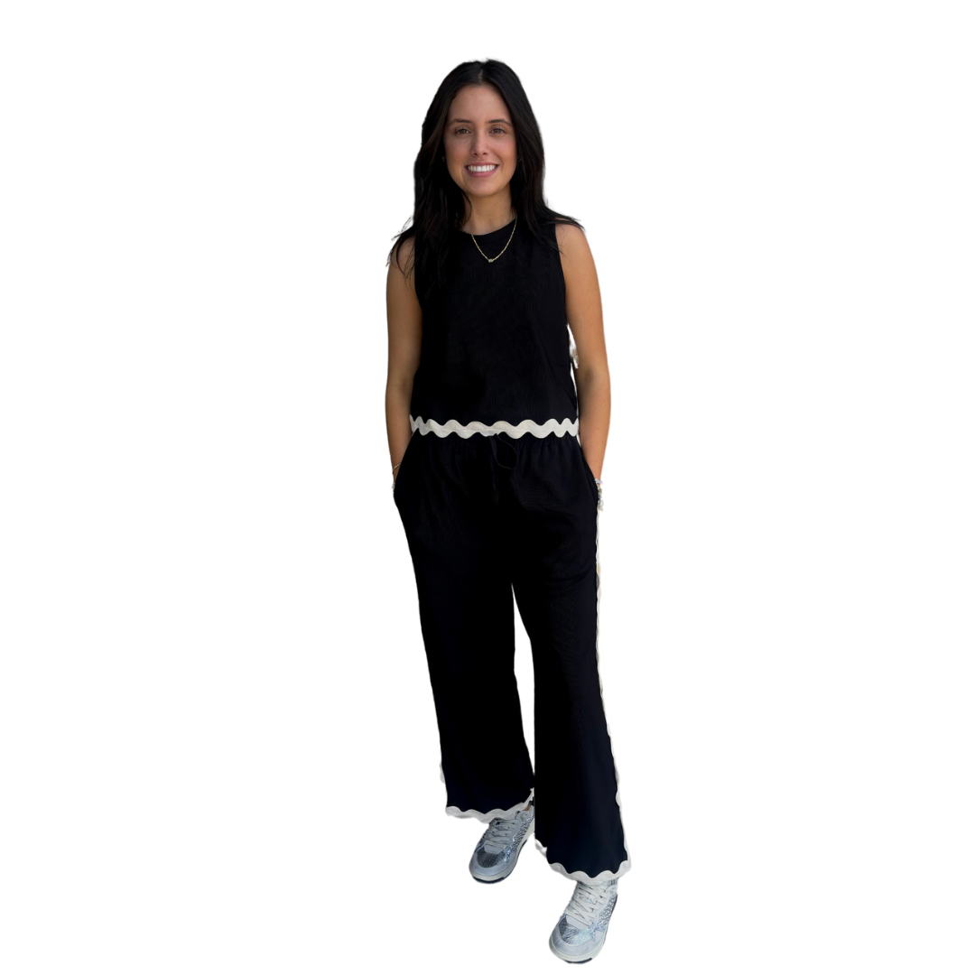 Solid High Waisted Wide Leg Pants w Ric Rac Trim