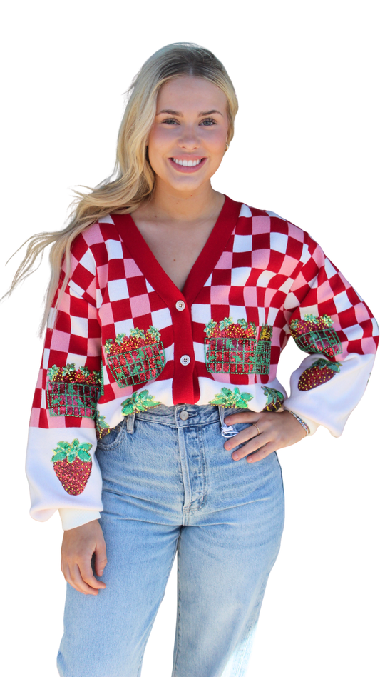 Red & White Checkered Strawberry Button Up Cardigan