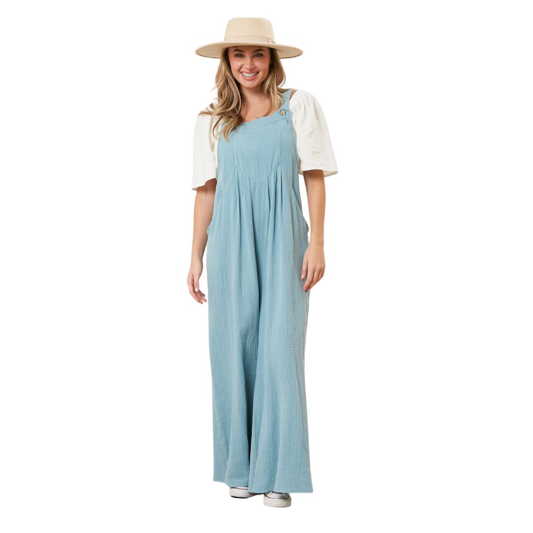 WASHED FRONT BIB POCKET WIDE LEG OVERALLS