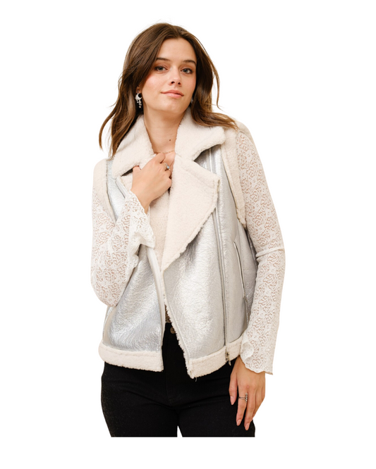 FAUX LEATHER SHERLING TRIM MOTO JACKET