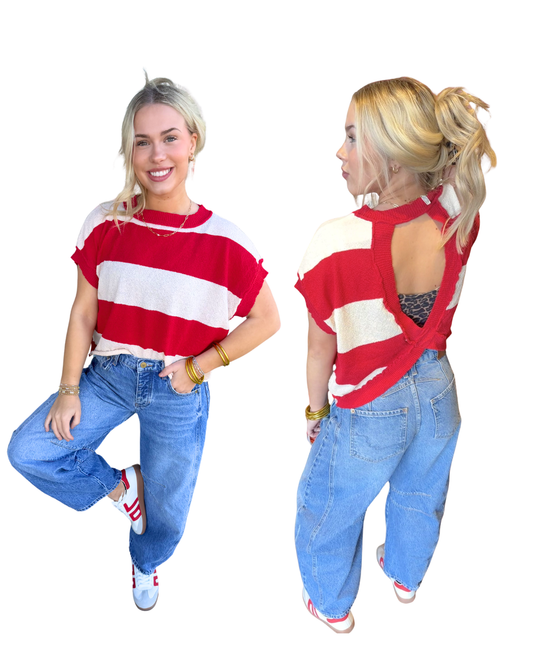 Red & cream stripe open back top