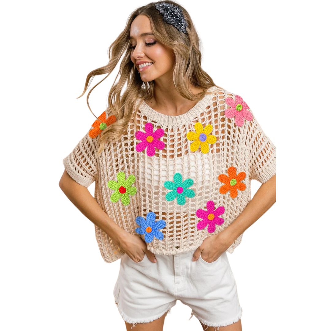 CROCHET FLOWER PATCHES SHORT SLEEVE NET SWEATER TOP