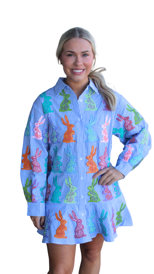 Blue & White Striped Multi Easter Bunny Button Up Dress