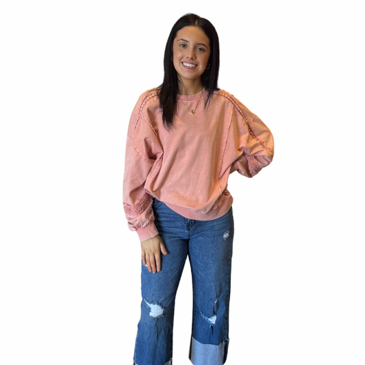 FADED CORAL LACE DETAIL CREWNECK