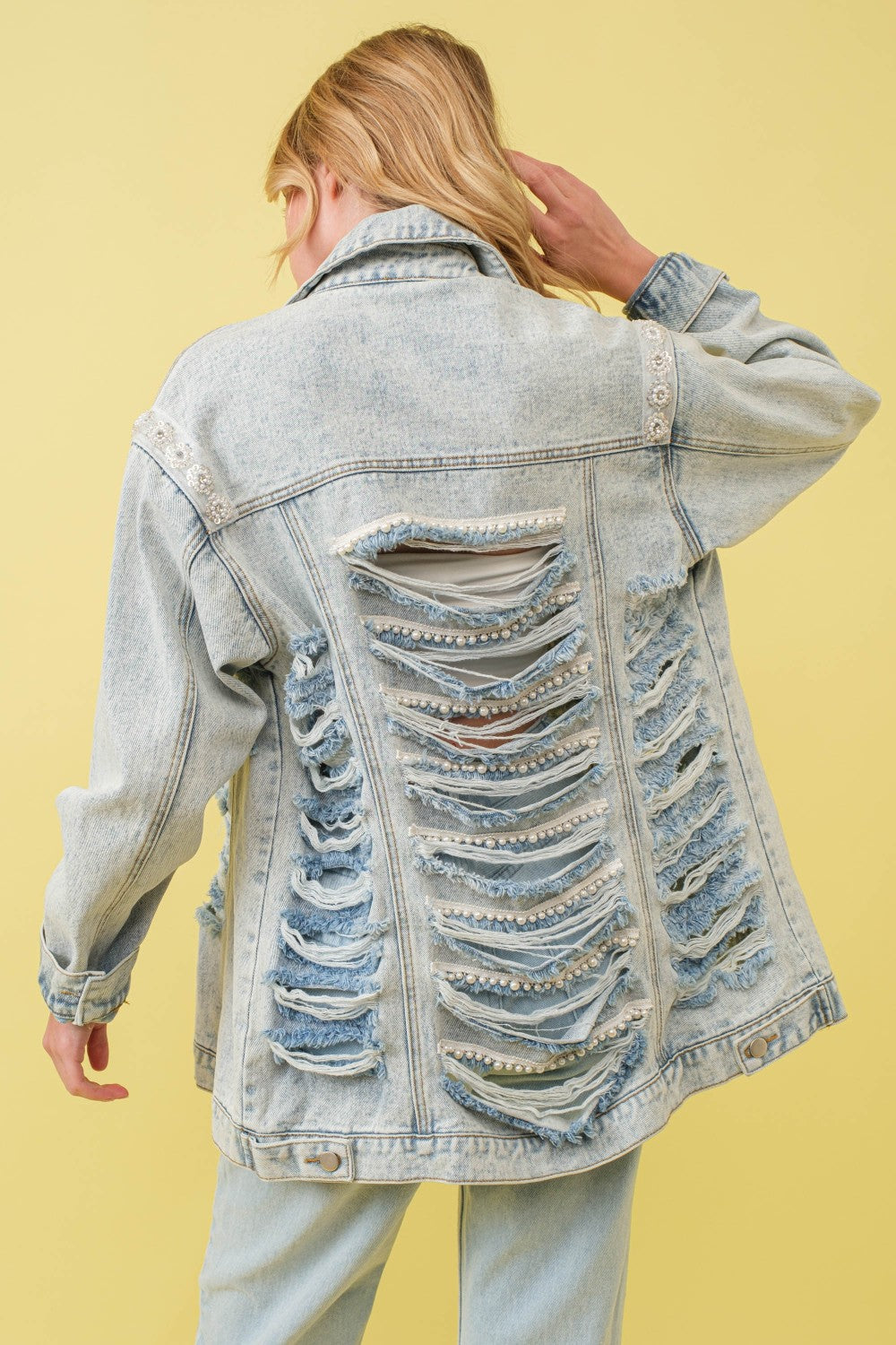 Denim Jacket w/ Distressed Embellished Back