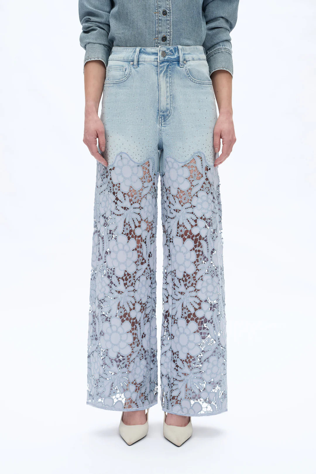 High rise lace wide leg jeans