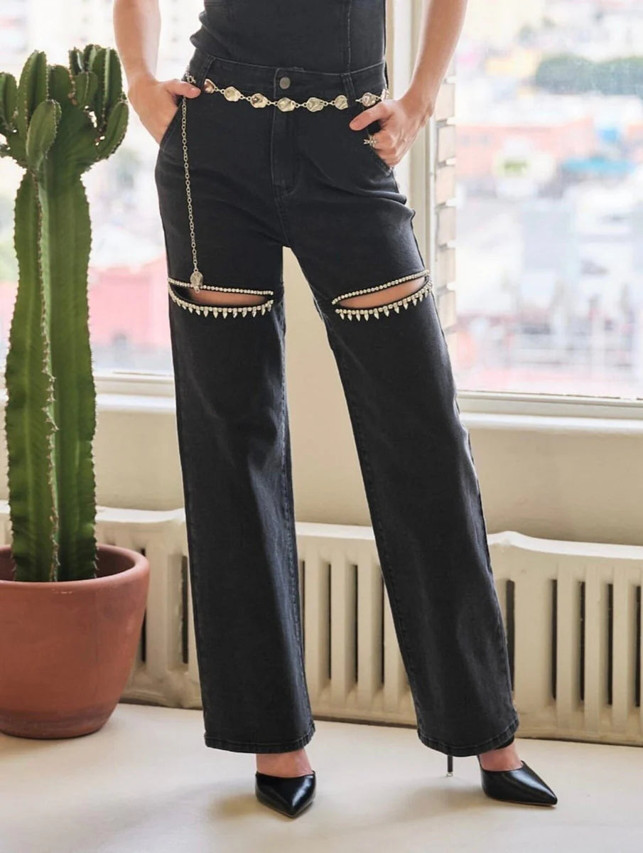 black denim jeans with front slit and rhinestones