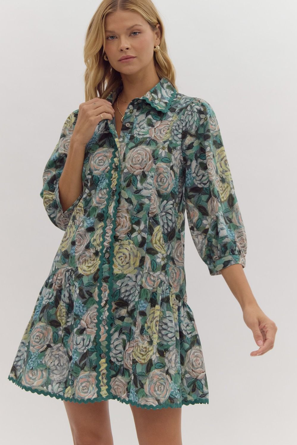 Teal Floral Button Up Dress w Rick Rack Design