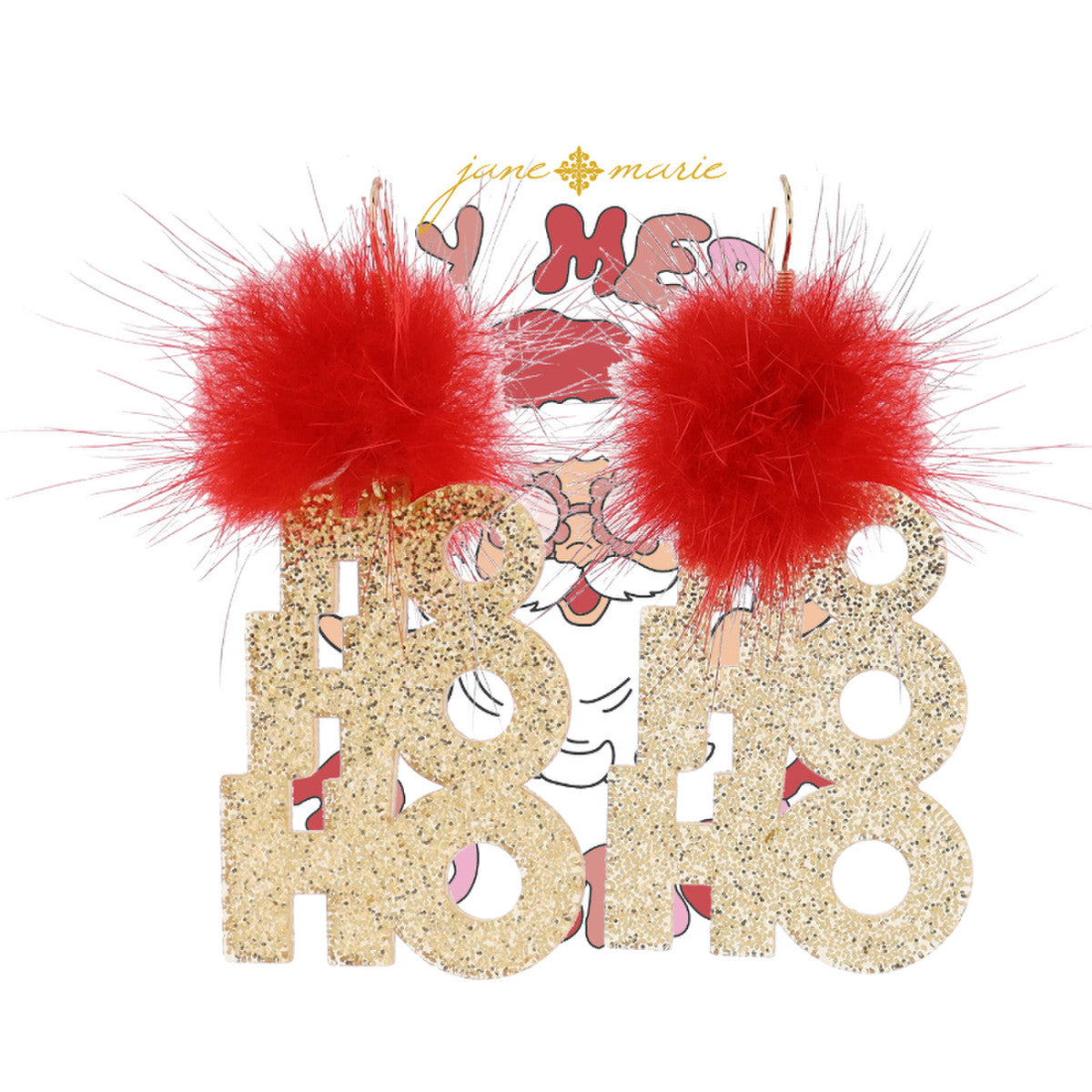 Red Pom w Champagne Glitter Resin" Ho Ho Ho " Earrings