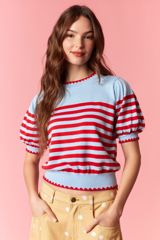 Red & light blue stripe puff sleeve sweater