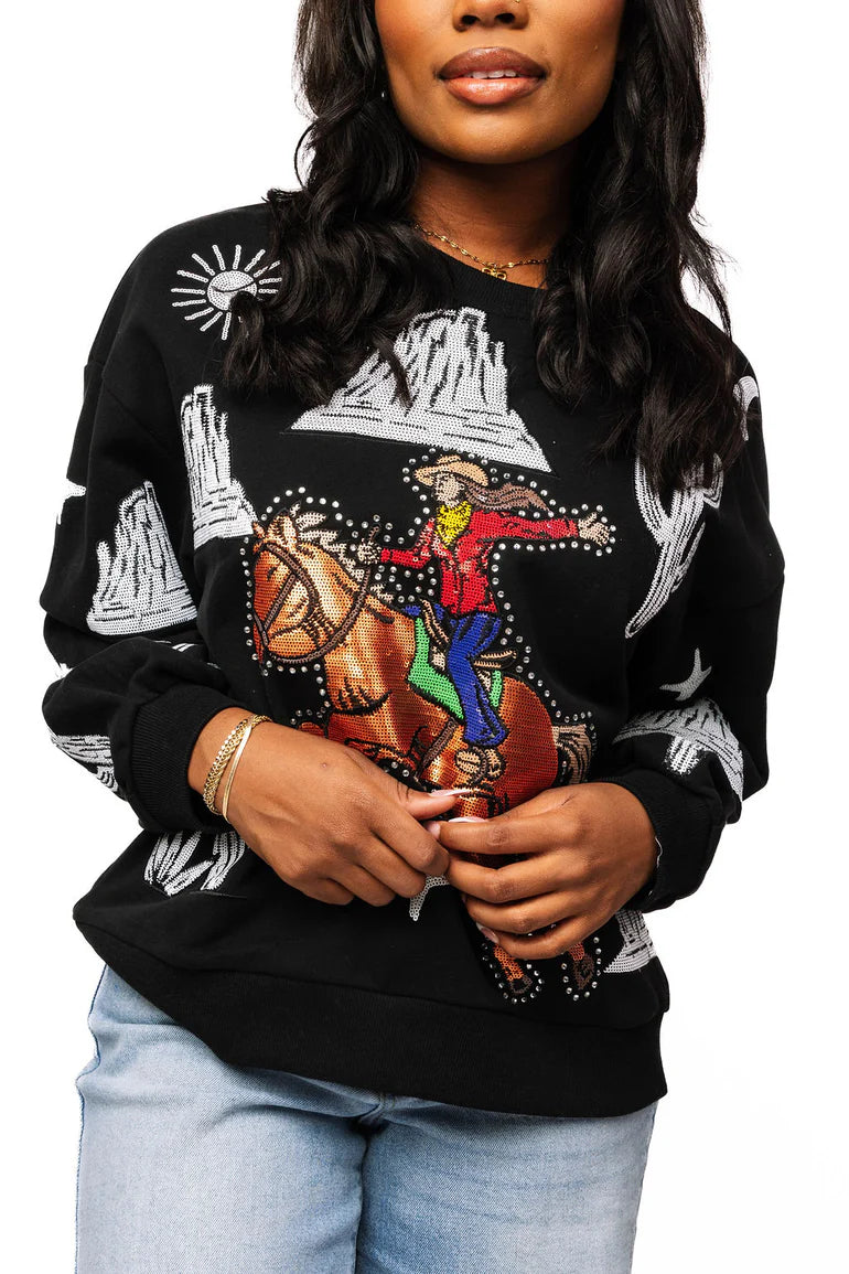 QOS Black & White Multi Bucking Cowgirl Sweatshirt