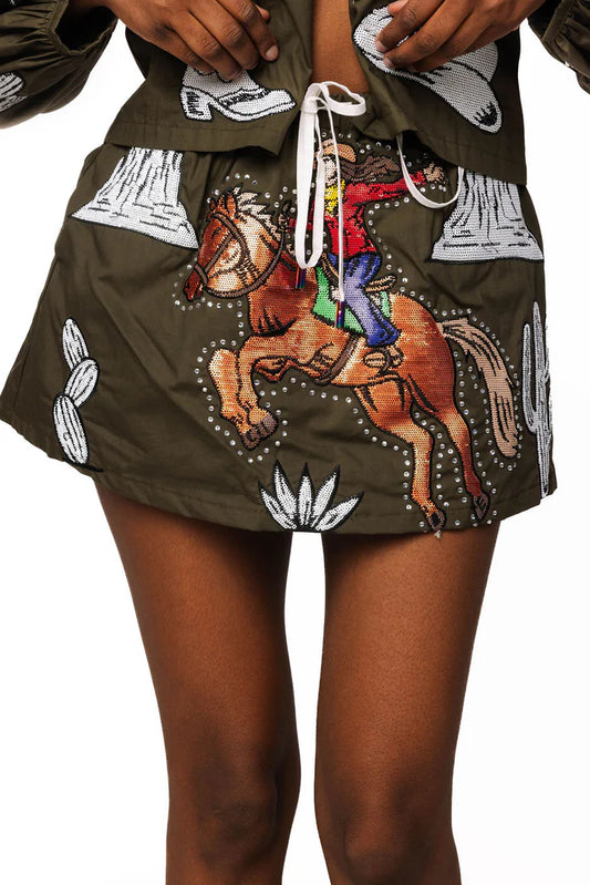 QOS Dark Green & Ivory Western Icon Bucking Cowgirl Skirt
